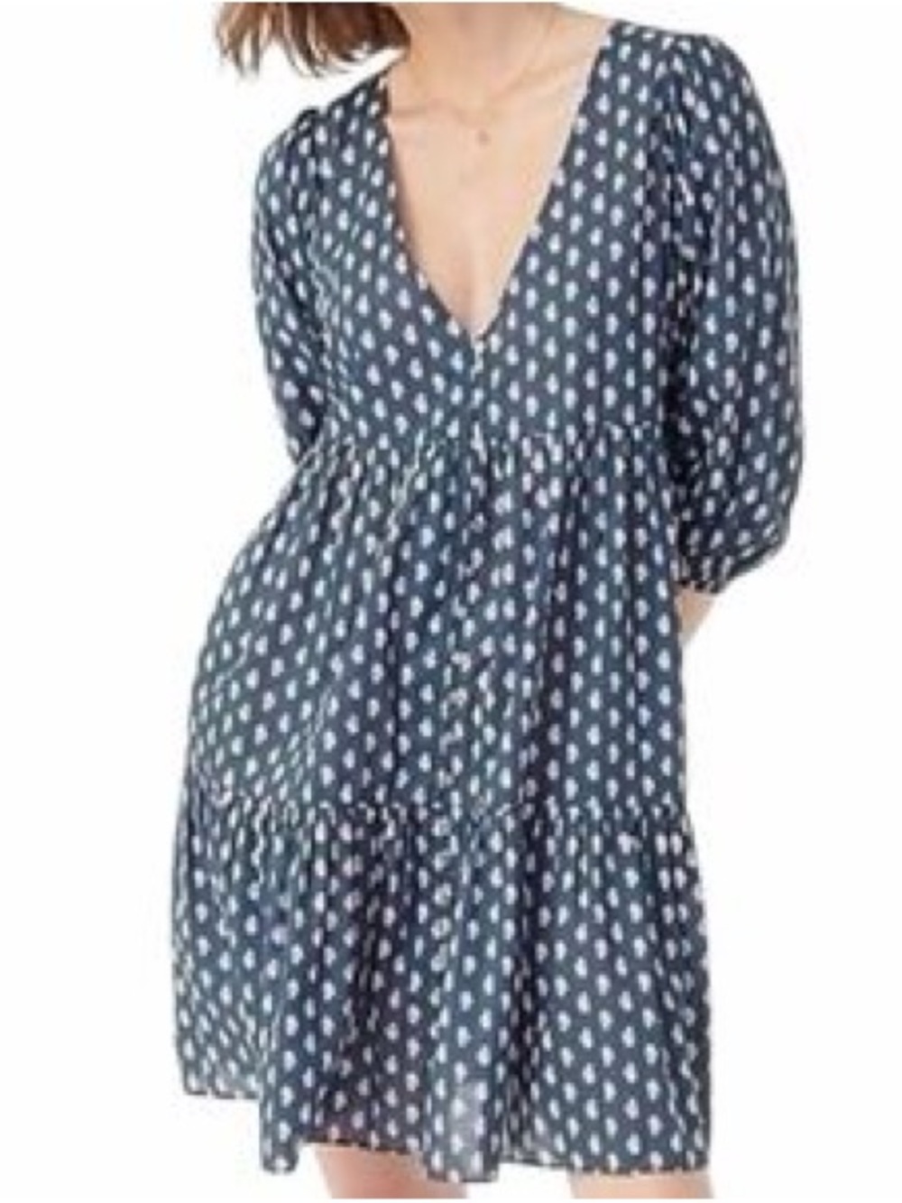 J. Crew Navy Blue V-Neck Tiered Mini Dress with White Print